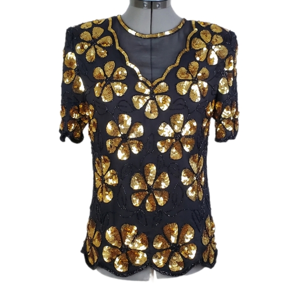LAST CHANCE Vtg Laurence Kazar sequin beaded 100% silk top Small - Picture 1 of 13